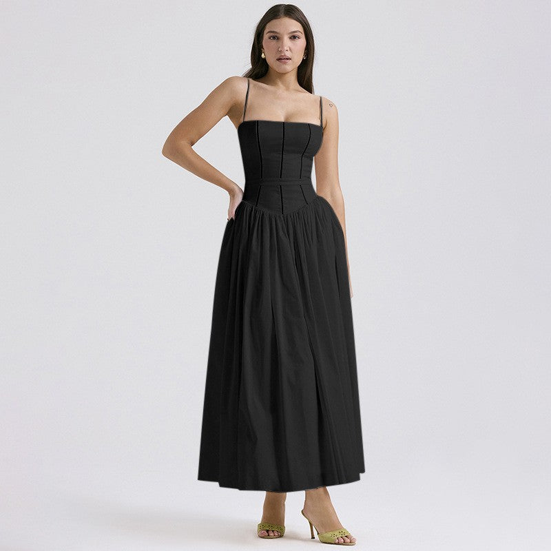 French Floral Spaghetti Strap Dress — Elegant Slimming A-Line Midi Dress for Women