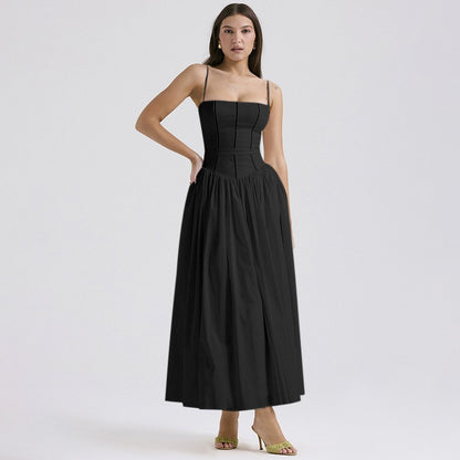French Floral Spaghetti Strap Dress — Elegant Slimming A-Line Midi Dress for Women