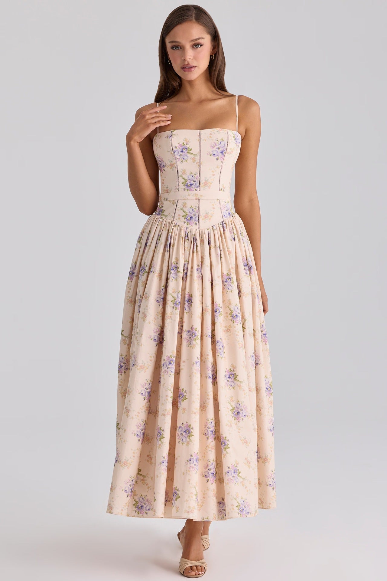 French Floral Spaghetti Strap Dress — Elegant Slimming A-Line Midi Dress for Women