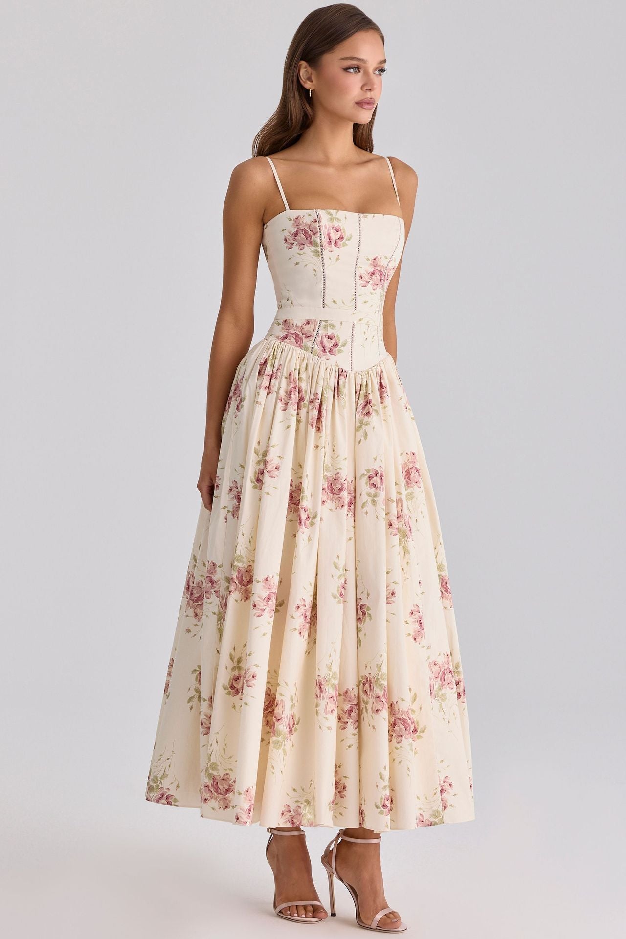 French Floral Spaghetti Strap Dress — Elegant Slimming A-Line Midi Dress for Women