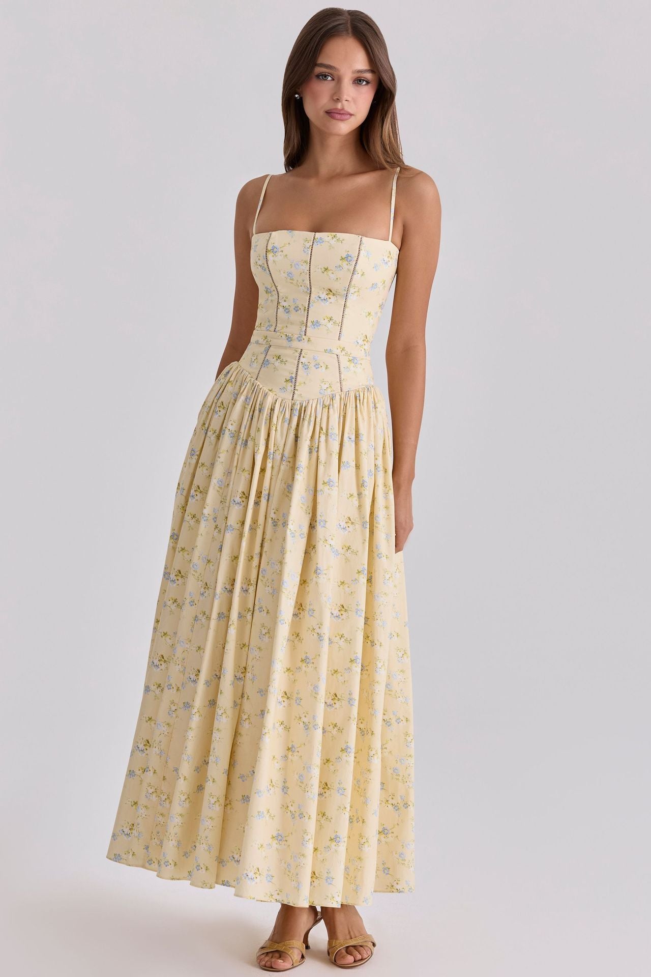 French Floral Spaghetti Strap Dress — Elegant Slimming A-Line Midi Dress for Women