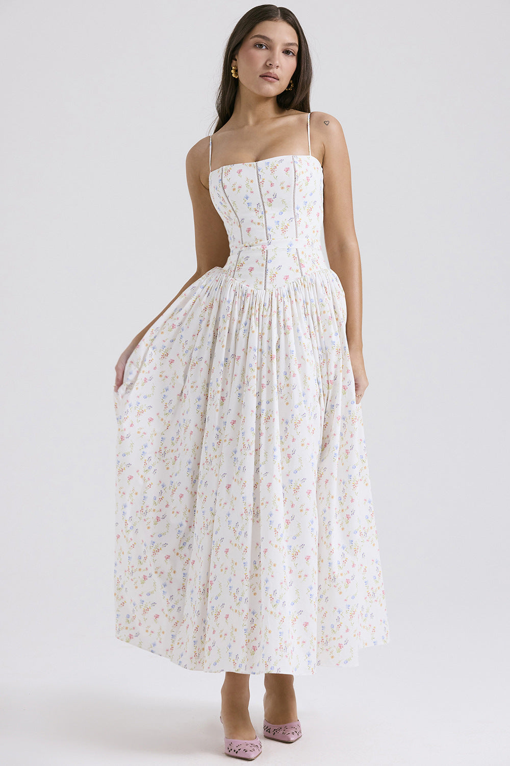 French Floral Spaghetti Strap Dress — Elegant Slimming A-Line Midi Dress for Women