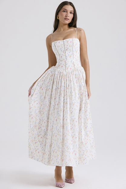 French Floral Spaghetti Strap Dress — Elegant Slimming A-Line Midi Dress for Women