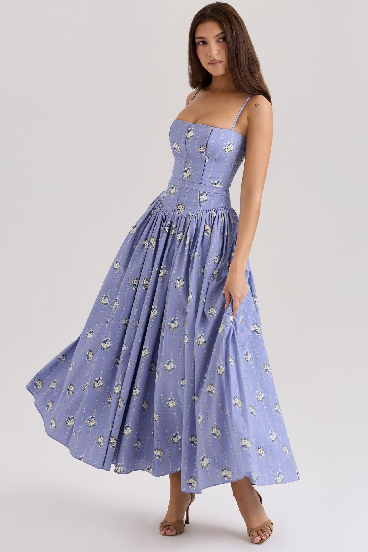 French Floral Spaghetti Strap Dress — Elegant Slimming A-Line Midi Dress for Women