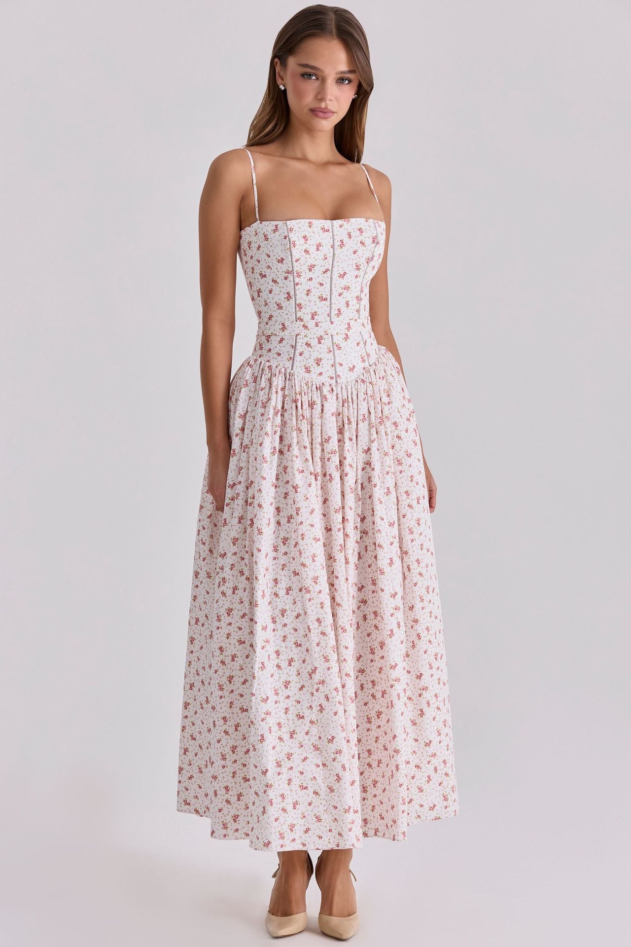 French Floral Spaghetti Strap Dress — Elegant Slimming A-Line Midi Dress for Women