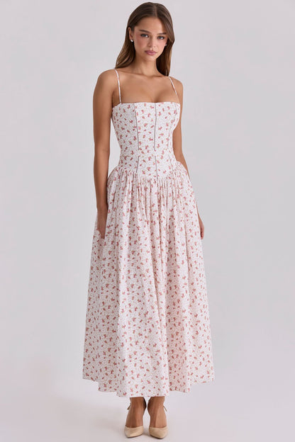 French Floral Spaghetti Strap Dress — Elegant Slimming A-Line Midi Dress for Women