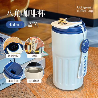 Double-Wall Insulated Stainless Steel Coffee Cup — Smart Display Thermos for Home, Office & Car