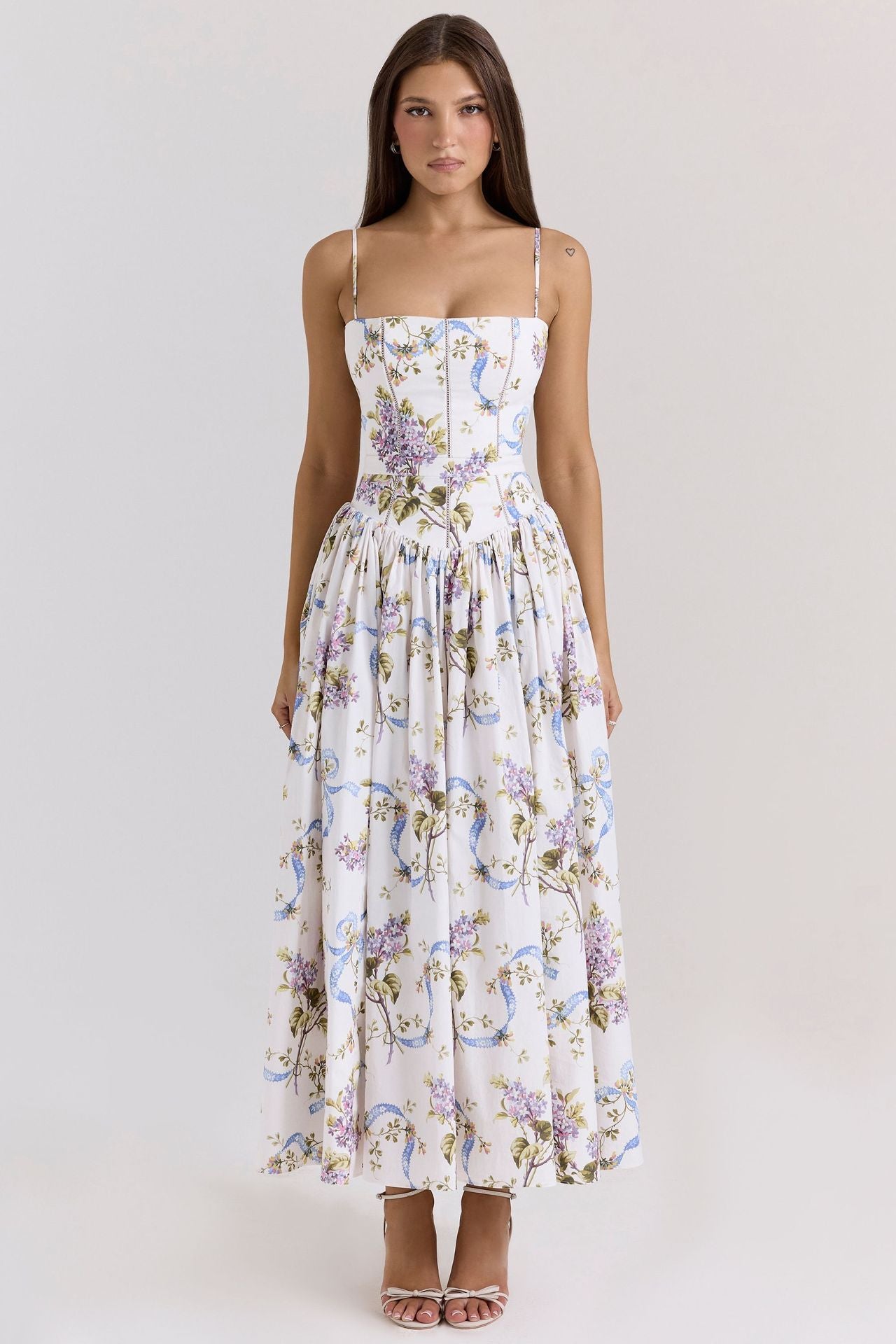 French Floral Spaghetti Strap Dress — Elegant Slimming A-Line Midi Dress for Women