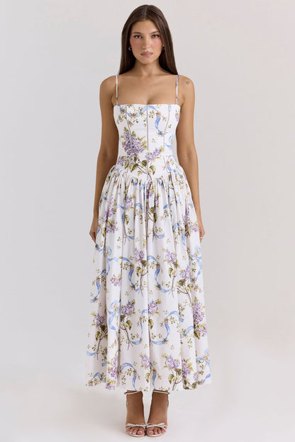 French Floral Spaghetti Strap Dress — Elegant Slimming A-Line Midi Dress for Women