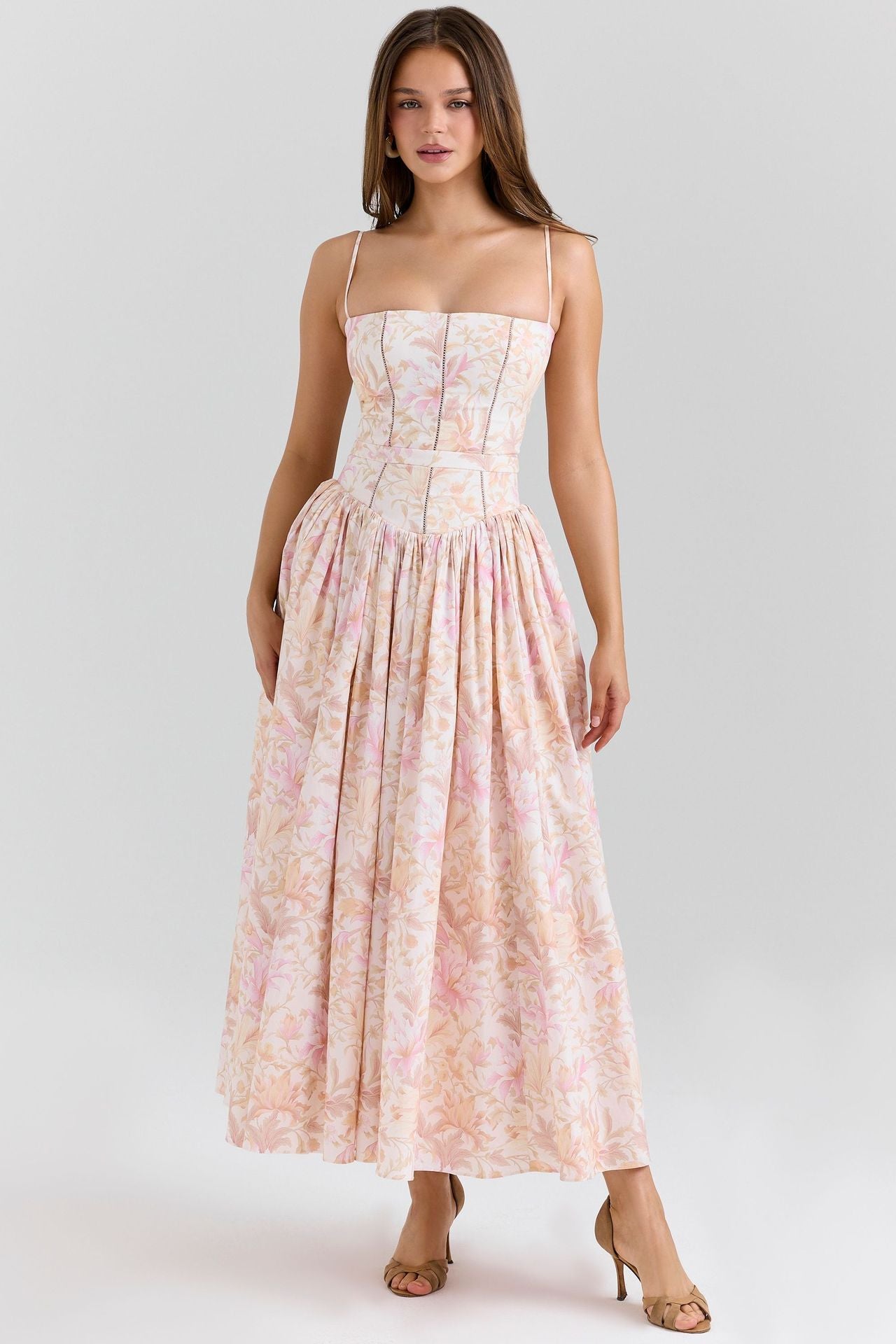 French Floral Spaghetti Strap Dress — Elegant Slimming A-Line Midi Dress for Women