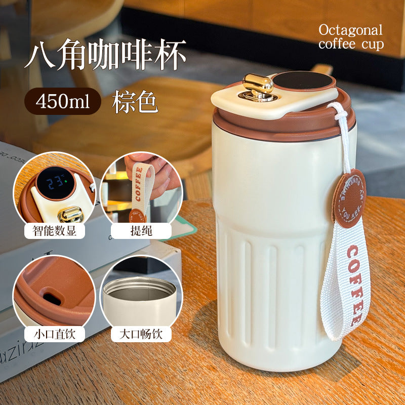 Double-Wall Insulated Stainless Steel Coffee Cup — Smart Display Thermos for Home, Office & Car