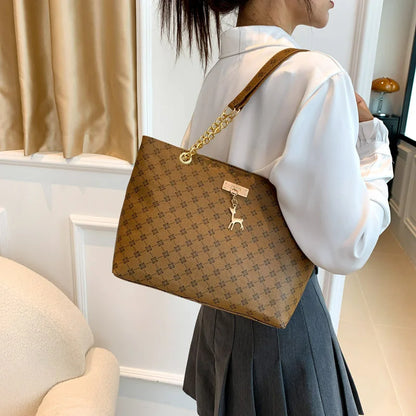 Soft Leather Large Capacity Tote Bag — Textured Shoulder Handbag with Hanging Accessories for Women