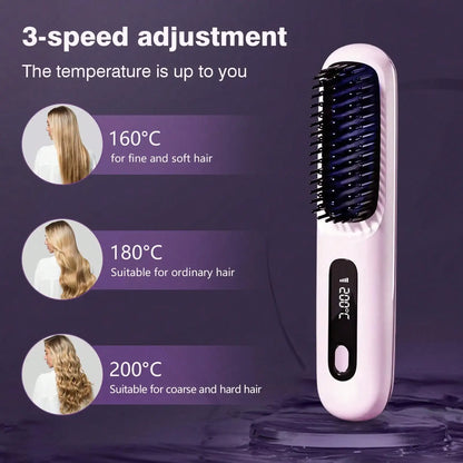 Women's Wireless Portable Hair Straightener Brush — USB Rechargeable Negative Ion Smoothing Tool with Anti-Scald Design