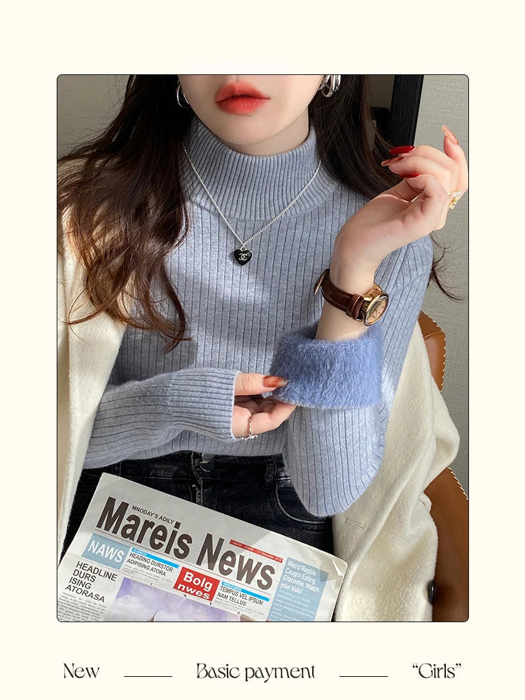Women's Retro Turtleneck Sweater — Velvet-Lined Thermal Knit Pullover