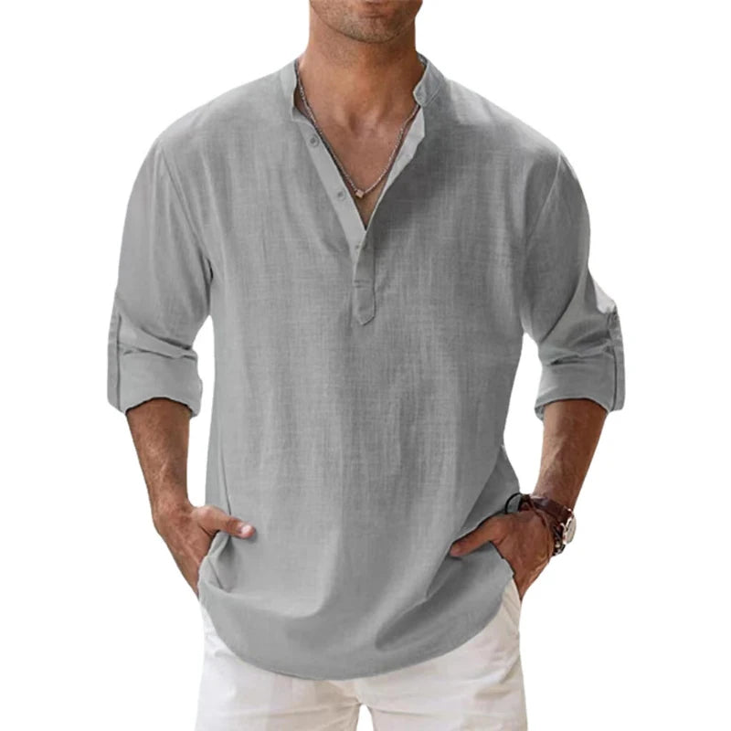 Men's Cotton Linen Long Sleeve Shirt — Lightweight Henley Beach & Hawaiian Style