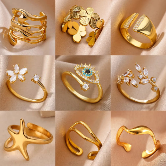 Adjustable 18K Gold-Plated Stainless Steel Zircon Ring – 30 Designs