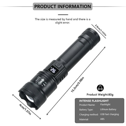 2000LM Tactical LED Flashlight — USB Rechargeable Zoomable Torch with Display for Camping, Fishing & Emergency