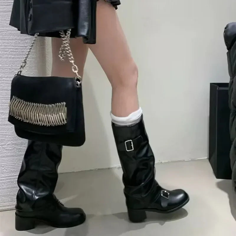 Knee High Platform Chunky Heel Boots — Punk Gothic New Rock Leather Motorcycle Boots for Women