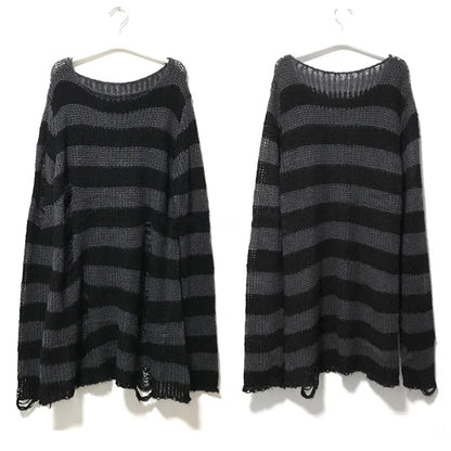 Punk Gothic Striped Sweater — Unisex Hollow-Out Rock Streetwear Top