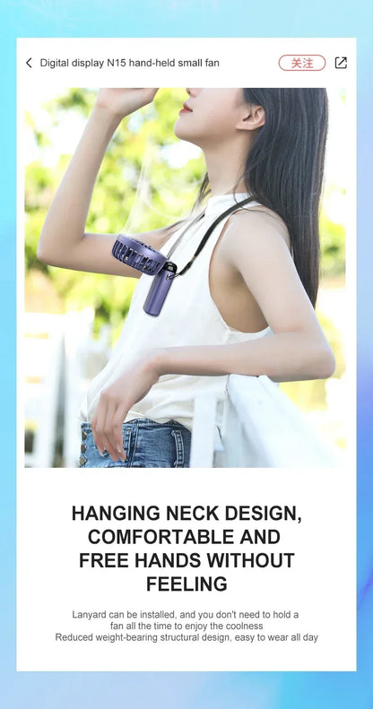 Portable Handheld & Neck Hanging Fan — 5-Speed USB Rechargeable Fan with Phone Stand & Display Screen (1800mAh)