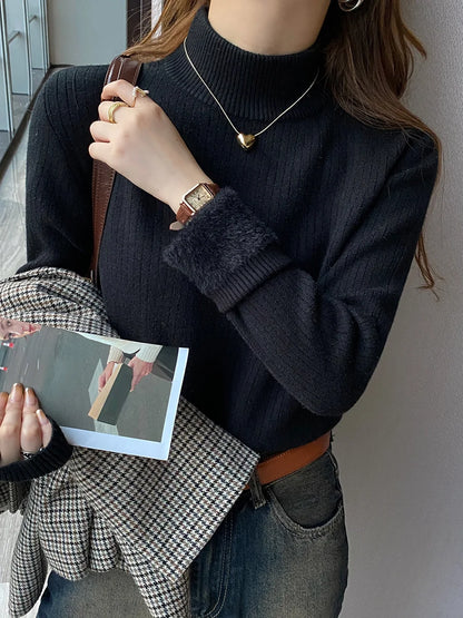 Women's Retro Turtleneck Sweater — Velvet-Lined Thermal Knit Pullover