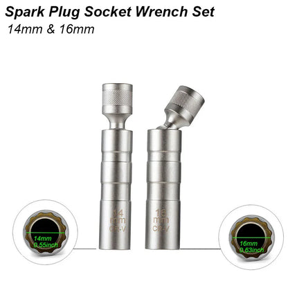 Spark Plug Socket Wrench Adapter Kit — 14mm & 16mm Magnetic Swivel Torque Removal Tool for Cars