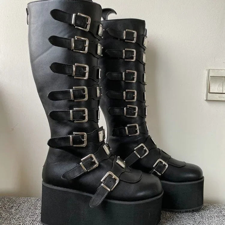 Gothic Cosplay High Heel Platform Wedge Boots — Buckle Strap Long Tube Leather Boots for Women (Plus Size)