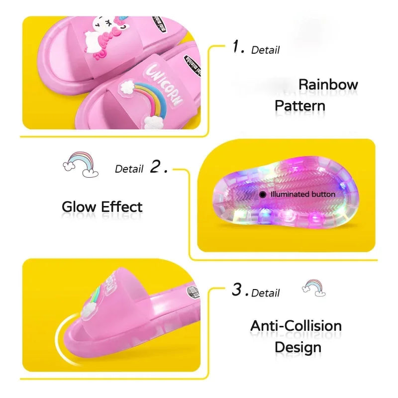 Kids Cartoon Unicorn Light-Up Slippers — Cute Animal Print Bathroom Toddler Shoes for Boys & Girls