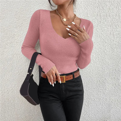 Women's Ribbed V-Neck Knit Sweater — Y2K Long Sleeve Pullover Top