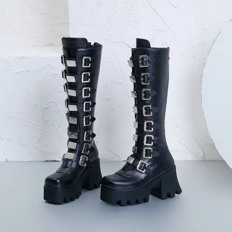 Gothic Cosplay High Heel Platform Wedge Boots — Buckle Strap Long Tube Leather Boots for Women (Plus Size)
