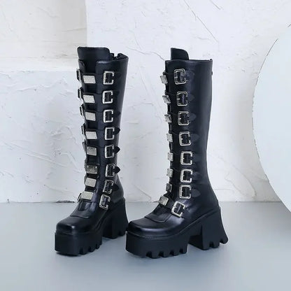 Gothic Cosplay High Heel Platform Wedge Boots — Buckle Strap Long Tube Leather Boots for Women (Plus Size)
