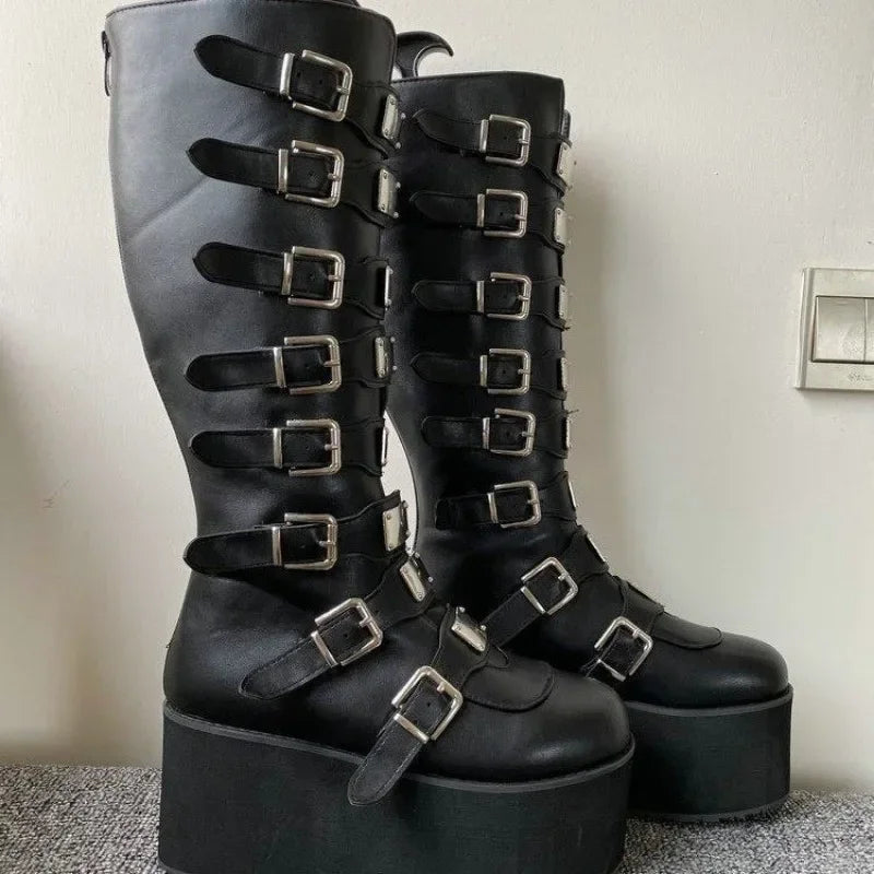 Gothic Cosplay High Heel Platform Wedge Boots — Buckle Strap Long Tube Leather Boots for Women (Plus Size)
