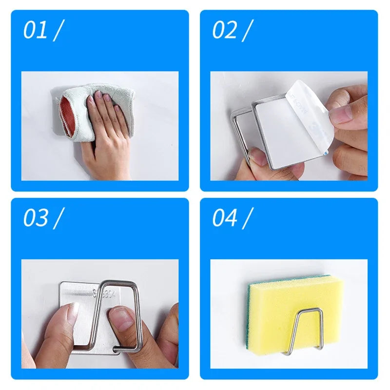 Self-Adhesive Kitchen Sink Sponge Holder — Stainless Steel Drain Drying Rack & Wall Hook Organizer