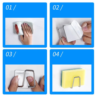 Self-Adhesive Kitchen Sink Sponge Holder — Stainless Steel Drain Drying Rack & Wall Hook Organizer
