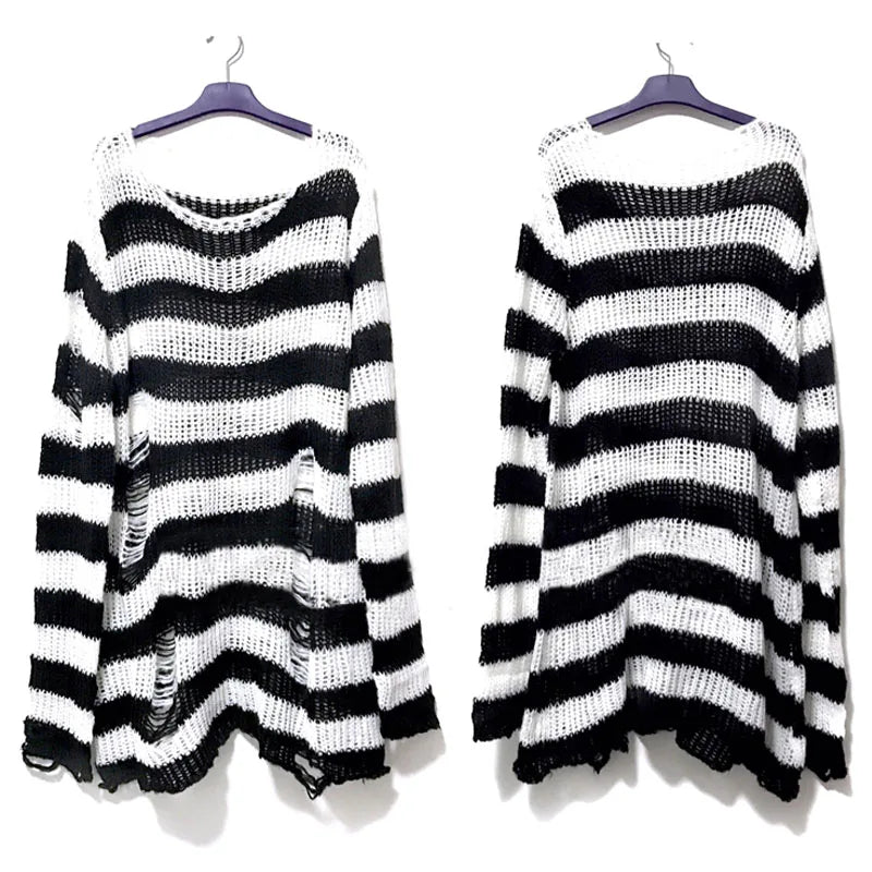 Punk Gothic Striped Sweater — Unisex Hollow-Out Rock Streetwear Top