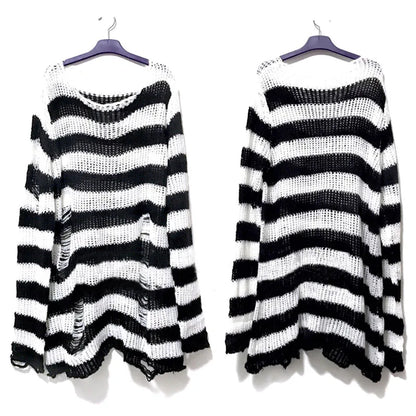Punk Gothic Striped Sweater — Unisex Hollow-Out Rock Streetwear Top
