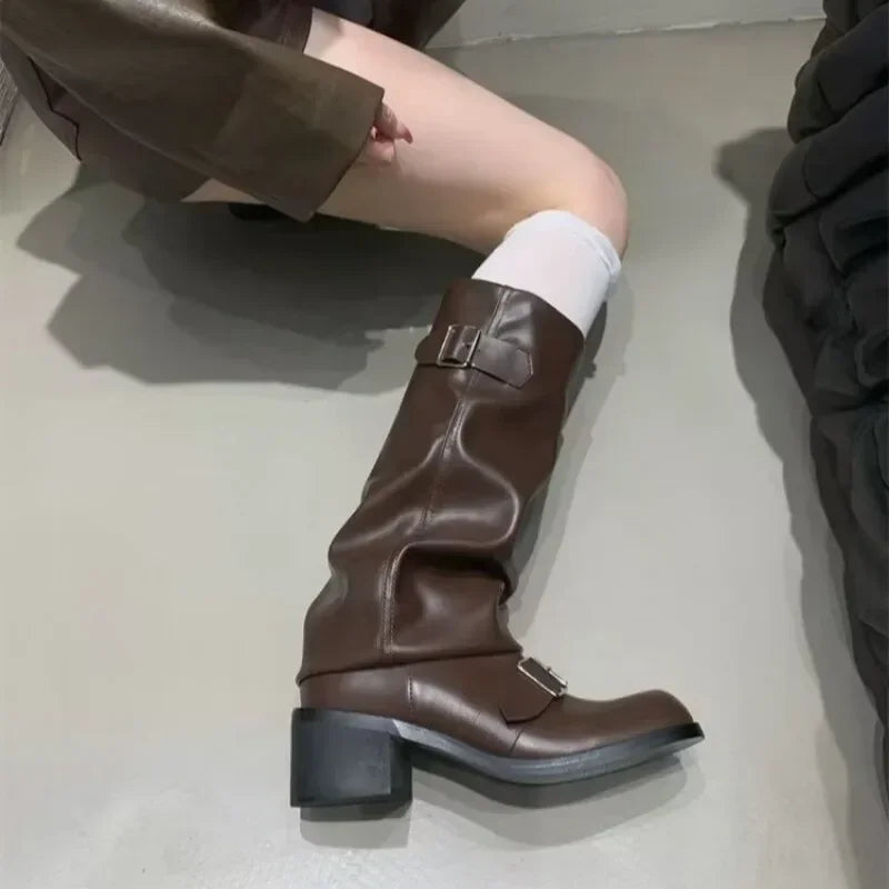 Knee High Platform Chunky Heel Boots — Punk Gothic New Rock Leather Motorcycle Boots for Women