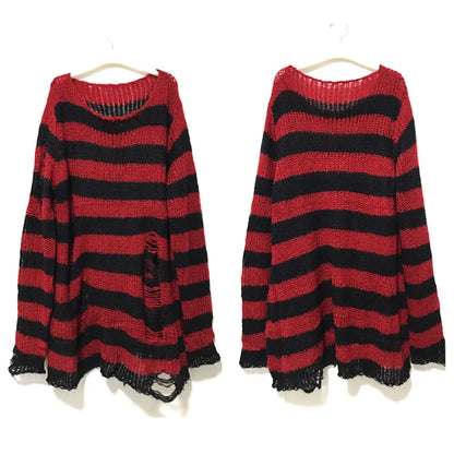 Punk Gothic Striped Sweater — Unisex Hollow-Out Rock Streetwear Top