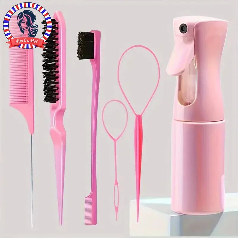 6-Piece Hair Brush & Styling Tool Set — Spray Bottle, Braiding Loop, Rat Tail Comb, Teasing Brush & Edge Control Brush