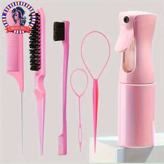 6-Piece Hair Brush & Styling Tool Set — Spray Bottle, Braiding Loop, Rat Tail Comb, Teasing Brush & Edge Control Brush