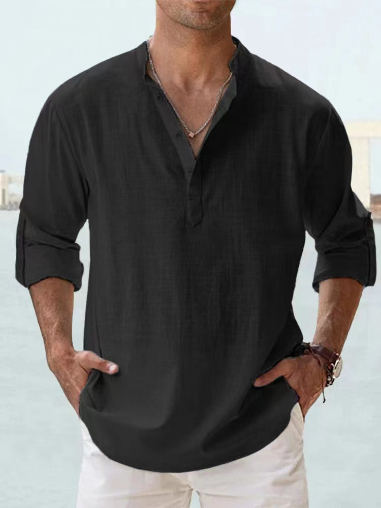 Men's Cotton Linen Long Sleeve Shirt — Lightweight Henley Beach & Hawaiian Style