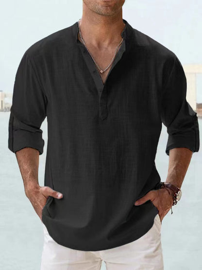 Men's Cotton Linen Long Sleeve Shirt — Lightweight Henley Beach & Hawaiian Style