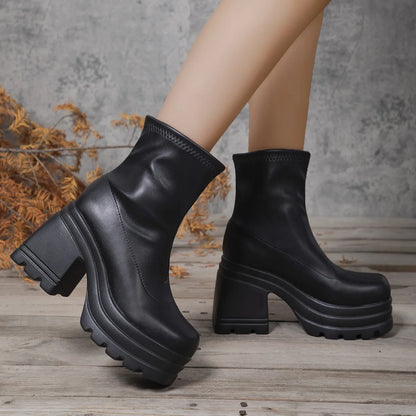 Women's Sexy Leather Short Boots — Square Toe Zipper High Heel Casual Thick Sole Ankle Boots