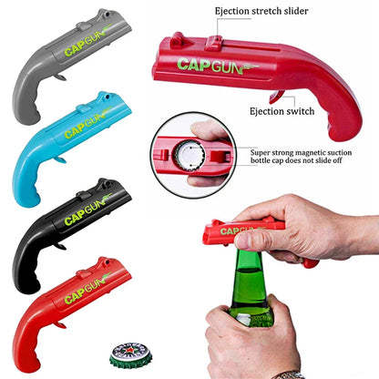 Cap Gun Beer Bottle Opener — Portable Shooting Cap Launcher for Bar, Kitchen & Party Fun