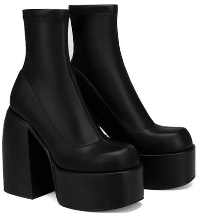 Women's Sexy Leather Short Boots — Square Toe Zipper High Heel Casual Thick Sole Ankle Boots