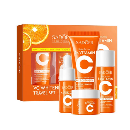 SADOER 5x Vitamin C 4-Piece Travel Skincare Kit — Whitening & Moisturizing Cleanser, Toner, Serum & Face Cream