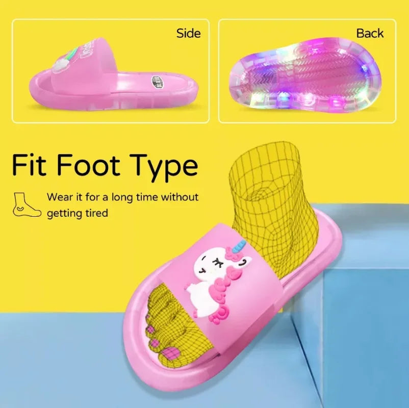 Kids Cartoon Unicorn Light-Up Slippers — Cute Animal Print Bathroom Toddler Shoes for Boys & Girls