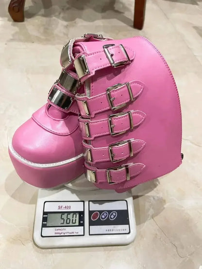 Gothic Cosplay High Heel Platform Wedge Boots — Buckle Strap Long Tube Leather Boots for Women (Plus Size)