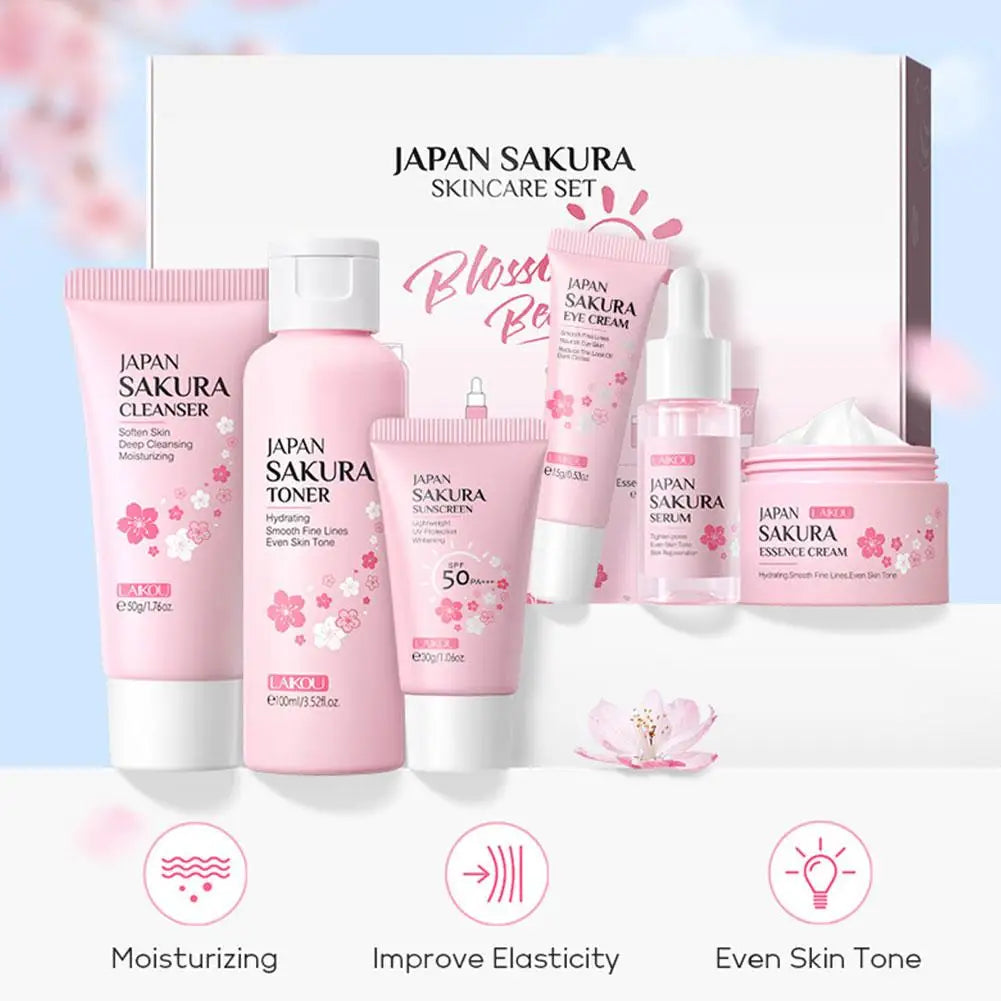Sakura 6-Piece Skincare Gift Set — Face Cream, Serum, Toner, Cleanser, Sunscreen & Eye Cream