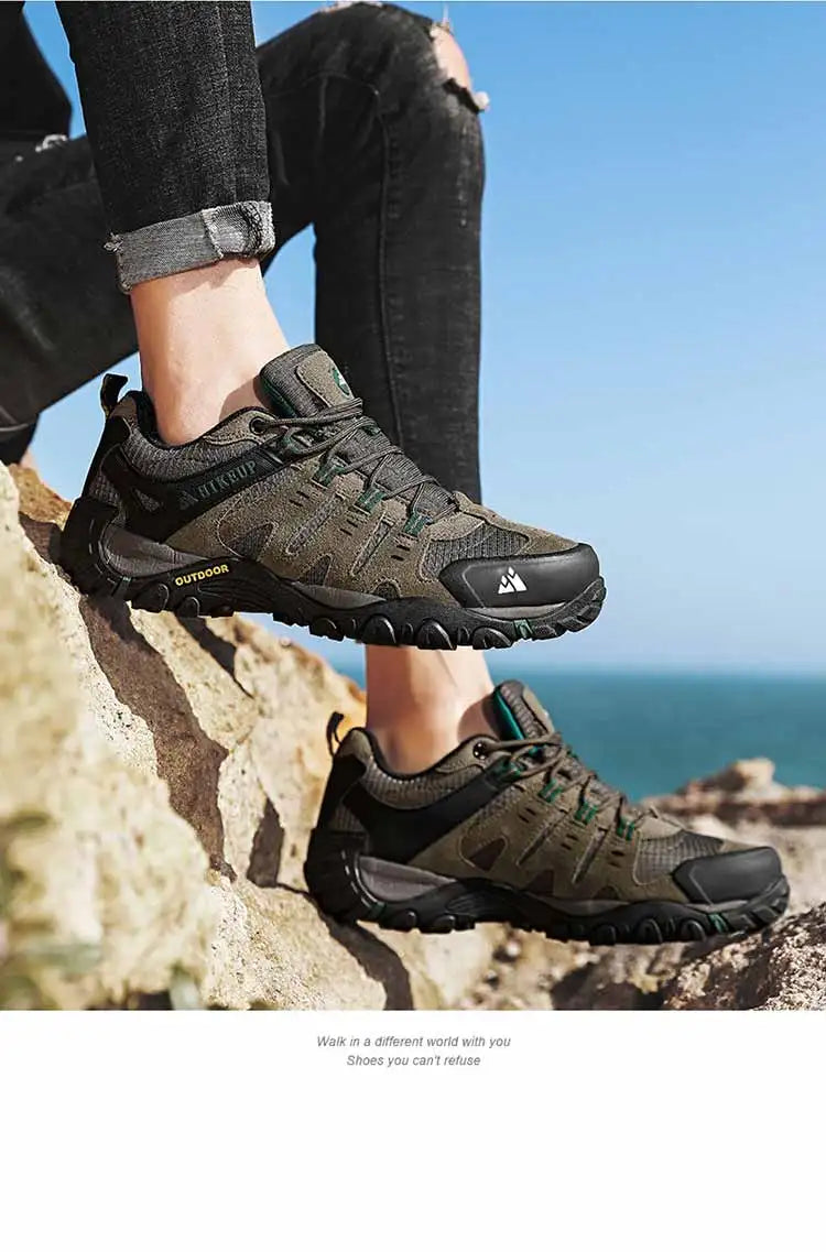 HIKEUP Men's Suede Leather Hiking Shoes — Wear-Resistant Outdoor Trekking, Walking & Tactical Sneakers